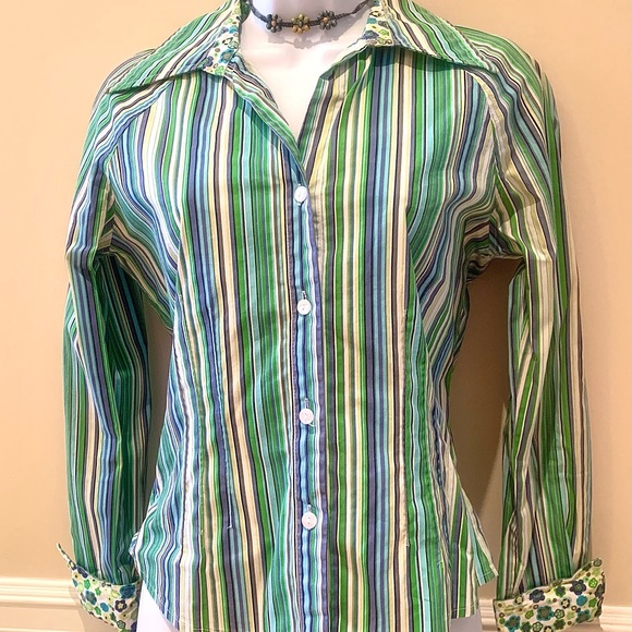 Jane Blue Striped Blouse with Floral Accents - Picture 1 of 7
